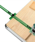 4 In 1 Router Milling Groove Bracket Pro Grade Cabinet Hardware Jig And Woodworking Cutting Tool With Adjustable Router Circle Cutting Guide For Precise Hole Drilling Base Not Included, green aluminum clamp-on jig on wood board