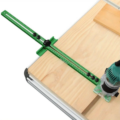 4 In 1 Router Milling Groove Bracket Pro Grade Cabinet Hardware Jig And Woodworking Cutting Tool With Adjustable Router Circle Cutting Guide For Precise Hole Drilling Base Not Included, green aluminum clamp-on jig on wood board