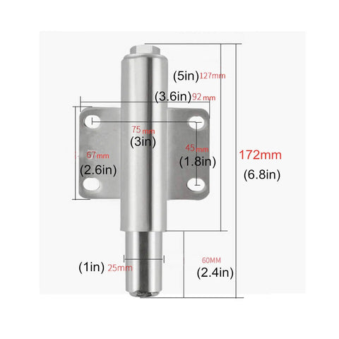 Diagram of a heavy duty shock absorber with detailed measurements, made of steel, used in rotating caster wheels for stability.
