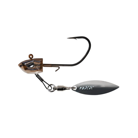 Underspin Jighead With Titanium Blade Arm And Ball Bearing Swivel For Lightning Flash 3 Sixteenth Ounce One Zero Hook Natural Goby Color 3D Holographic Eyes Super Slide Coating Swimbait Jighead For Pro Flips And Hookups, side view