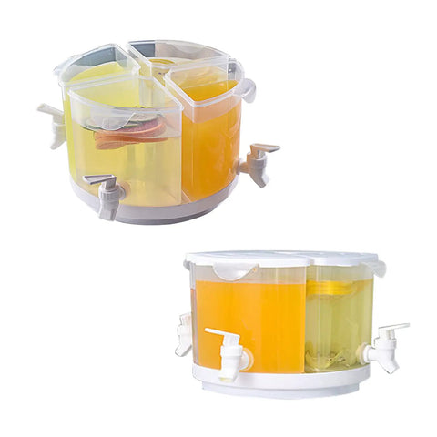 Five Point Five Liter Rotating Beverage Dispenser With Four Separate Compartments And Dripless Spigot featuring yellow liquids in a sleek white finish.