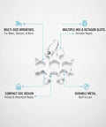 Compact Snowflake Shaped Multi Tool Wrench for eyewear, bike and camping repairs, metal EDC hex key set, space saving design