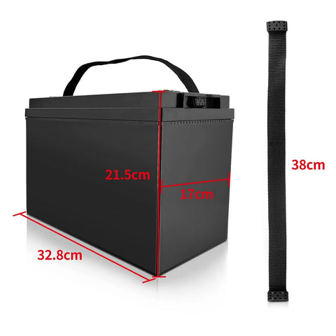Built Tough 12V 100Ah Lithium Battery Case For LiFePO4 dimensions showing 32.8cm height, 21.5cm width, 17cm depth with handle.