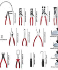 17-Piece Hose Clamp Pliers Set Go-To Long Reach Pliers for auto repair, red handles, various sizes and types, with jaws