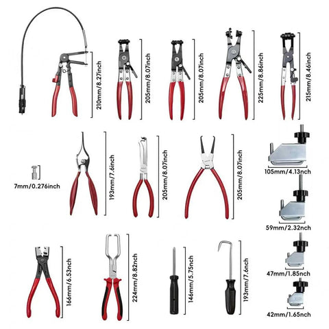 17-Piece Hose Clamp Pliers Set Go-To Long Reach Pliers for auto repair, red handles, various sizes and types, with jaws