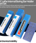 CNC lathe internal boring bar holder insert set with blue packaging and chemical stability features.