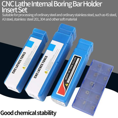 CNC lathe internal boring bar holder insert set with blue packaging and chemical stability features.