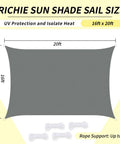 16x20 Ft Rectangle Sun Shade Sail With UV Block And Water Resistant Canopy Built From Beefed Up Heavy Duty 300D Oxford Fabric Featuring Reinforced Seams And Curved Edges For Patio Backyard Garden Carport Deck Or Pergola Grey, dimensions shown