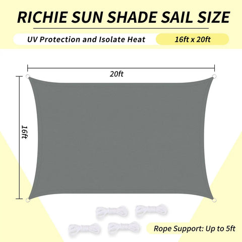 16x20 Ft Rectangle Sun Shade Sail With UV Block And Water Resistant Canopy Built From Beefed Up Heavy Duty 300D Oxford Fabric Featuring Reinforced Seams And Curved Edges For Patio Backyard Garden Carport Deck Or Pergola Grey, dimensions shown