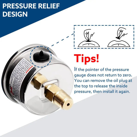 Inline Low Pressure Gauge 0-15 Psi For Fuel Water And Air, 1-1/2 Inch Dial, 1/8 Inch NPT Back Mount, with pressure relief design