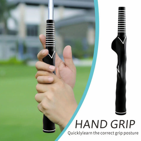 Hands holding 2 Pack Right Handed Golf Grip Trainer For Beginners Women And Kids Easy Grip Posture Coach with a golf club