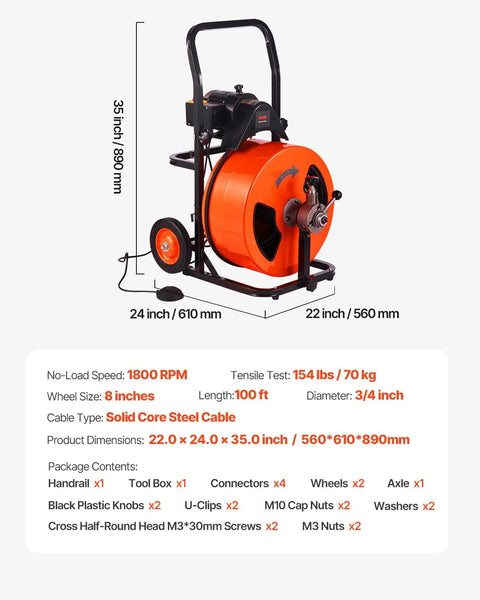 Professional Auto Feed Drain Cleaner Machine 100 Feet Sewer Snake Auger with 3/4 inch cable and portable design.