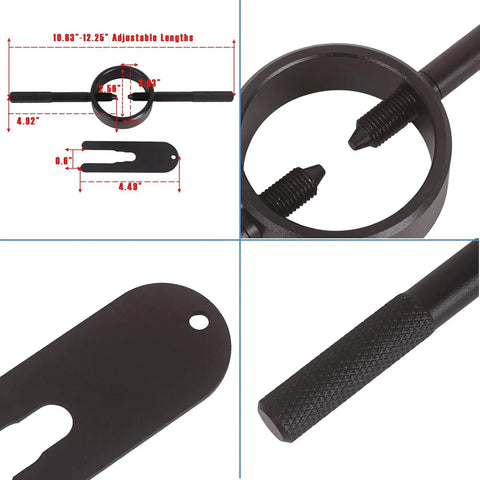 Close-up of Motorcycle Fork Service Tool Kit Set C featuring two tools with dimensions, the fork oil level tool and spring compressor.
