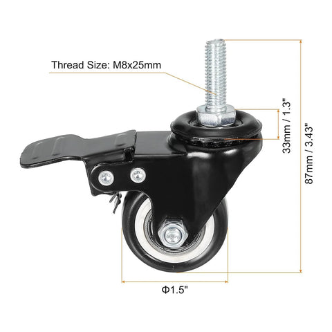 4 Pack 1.5 Inch Heavy Duty Threaded Stem Swivel Casters With Brake M8x25 Threaded Stem And Nuts Load Capacity 75 Lbs Each