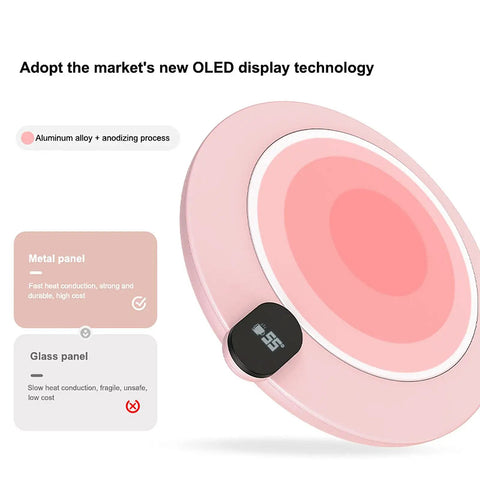 Keep Your Daily Brew On Lock With This Sleek Pink USB Coffee Mug Warmer That Slaps With Three Custom Heat Levels And A Smart Hydration Reminder For Top Shelf Home Office Vibes, featuring an OLED display.