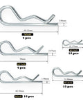 38 Piece Hitch Pin Clip Set With Five Sizes For Trailer And Tractor Applications Including Hair Pins R Clips Retaining Pins Spring Clips And Dolly Pin Replacement Kit By Yoliko, showing different sizes and measurements.