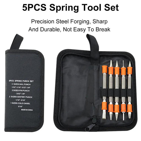 Open case of Do It All 5 Piece Nail Setter And Door Hinge Tool Set with dual head punches and chisel, black with orange handles.