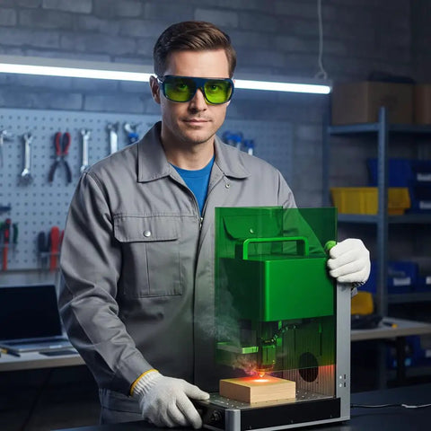 Professional Laser Engraving Safety Glasses With Badass Eye Protection And Hella Reliable 450Nm 1064Nm Nd Yag Blocking For Every Workshop Project Designing And Jewelry Crafting Tasks worn by a man using a laser engraver.