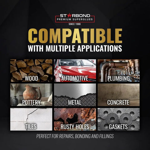 Image showing diverse uses including wood, automotive, plumbing, pottery, metal, concrete, tiles, rusty holes, and gaskets for repairs.