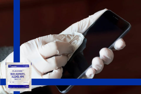 Isopropyl alcohol wipe packet, 5 x 6 in, for electronics; gloved hand cleaning smartphone