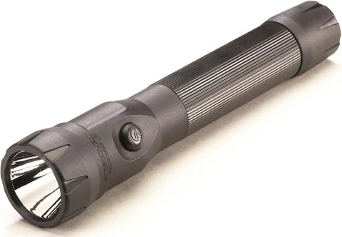 Black PolyStinger DS LED Rechargeable Dual Switch Flashlight with 120V 100V AC and 12V DC Smart Charger, rugged scratch-resistant design