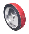 Heavy Duty 10 X 2 Inch Ceramic Cone Sanding Belts P120 Grit Expander Wheel Sleeves shown on a bench grinder wheel.