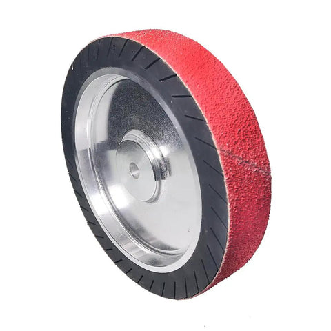 Heavy Duty 10 X 2 Inch Ceramic Cone Sanding Belts P120 Grit Expander Wheel Sleeves shown on a bench grinder wheel.