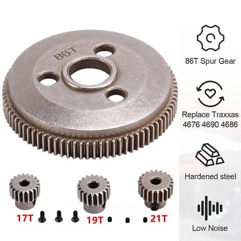 Beefy 86T Metal Spur Gear Set with 17T 19T 21T Pinions for 1 to 10 Scale 2WD RC Cars, featuring low noise and wear resistance.