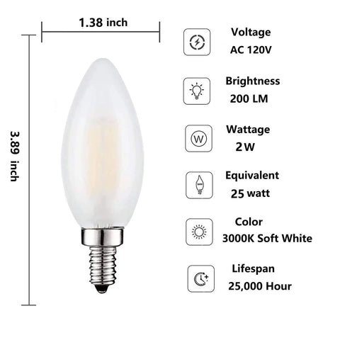 Soft White Frosted Candelabra LED Bulbs 3000K Dimmable 2W 25W Equivalent B11 Candle Shape dimensions and details