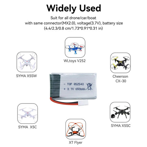 3.7V Drone Lipo Battery Pack 650mAh Rechargeable Two Pack For SYMA X5 Series Drones And WLtoys V252 With MX2.0 Connector