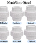 Various sizes of PVC union couplings including the 1-1/2 Inch PVC Union Coupling Pipe Fitting Socket To Socket Schedule 40 With EPDM O Ring White 2 Pack.