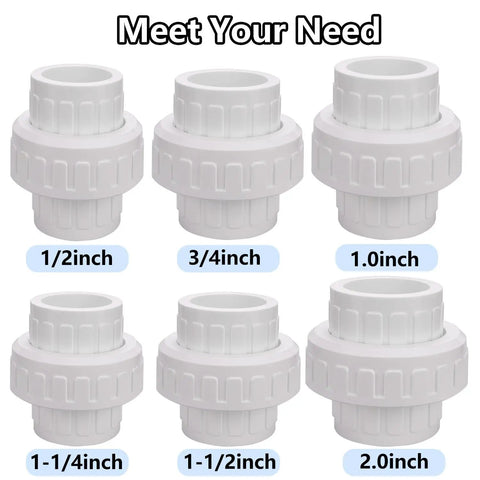 Various sizes of PVC union couplings including the 1-1/2 Inch PVC Union Coupling Pipe Fitting Socket To Socket Schedule 40 With EPDM O Ring White 2 Pack.
