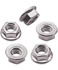 50 Pack M5 Serrated Flange Hex Locknuts Crafted From Top Shelf 304 Stainless Steel With Slick Bright Finish And Built Tough Corrosion Resistance For Real World Jobs displayed at different angles.