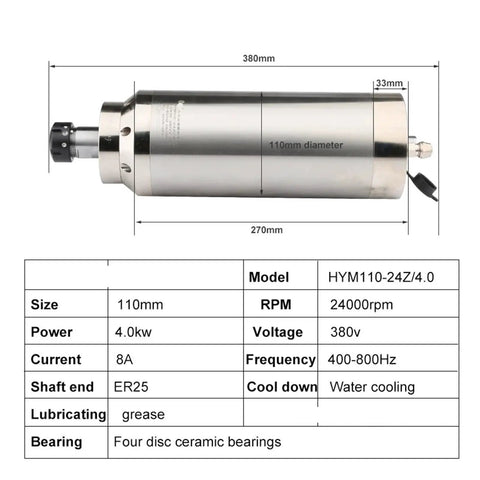 Heavy Duty 4.0Kw Water Cooled Spindle Motor With Er25 Collet For 380V Cnc Router and Milling Rig, dimensions 380mm x 110mm.