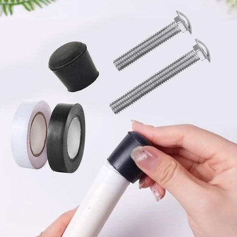 Eight Piece Color Guard Weight Anchor Set Featuring Sturdy Flag Pole Caps and Reliable Black White Electrical Tape for Marching Bands and Honor Guard Drills appearing in image with caps and tape rolls.
