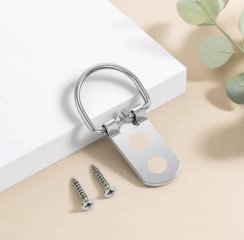 30 Pack Heavy Duty D Ring Picture Hangers With 60 Screws 2 Hole Stainless Steel Rust Proof Built Tough For Frames Mirrors And Decor Easy Install Durable Corrosion Resistant. stainless steel D-ring hanger with two screws on a frame