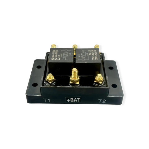Close-up of labeled solenoid in 12V Weather Resistant Ready To Roll Reverse Polarity Switch Kit with Mounting Bracket.