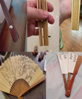 Collage of fan repair tools and folding fans using Eight Pack Folding Fan Axle Rivet Nails and Nut Repair Kit 35mm Replacement Fasteners.