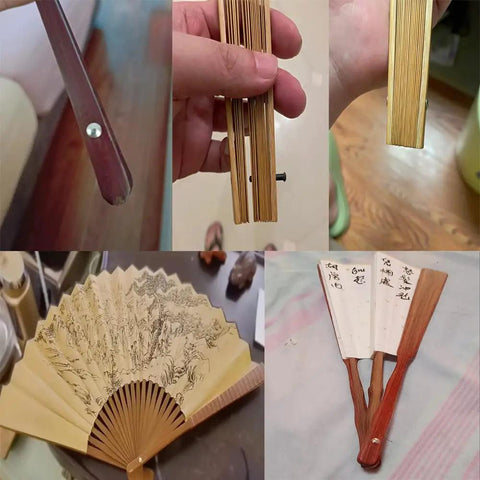 Collage of fan repair tools and folding fans using Eight Pack Folding Fan Axle Rivet Nails and Nut Repair Kit 35mm Replacement Fasteners.