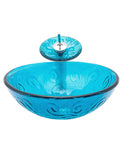 USZWBY Bathroom Vessel Sink, Tempered Glass Vessel Sink Sky Blue Round Basin Washing Bowl Set with Faucet Pop-Up Drain and Water Pipe, Countertop Installation.