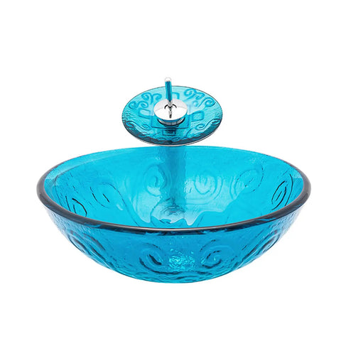 USZWBY Bathroom Vessel Sink, Tempered Glass Vessel Sink Sky Blue Round Basin Washing Bowl Set with Faucet Pop-Up Drain and Water Pipe, Countertop Installation.