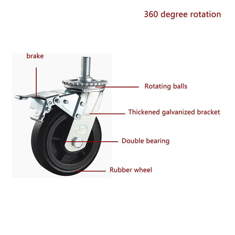 Heavy Duty Swivel Casters With Brake, M20 Threaded Stem Polyurethane Wheels, showcasing brake, double bearing, and rubber wheel design.