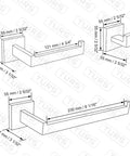 Technical drawing of 3 Piece Stainless Steel Bathroom Hardware Set Rustproof SUS 304 Wall Mount Toilet Paper Holder, Towel Bar, and Robe Hook with dimensions.