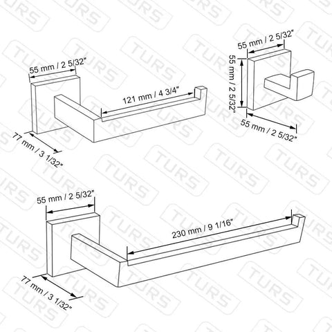 Technical drawing of 3 Piece Stainless Steel Bathroom Hardware Set Rustproof SUS 304 Wall Mount Toilet Paper Holder, Towel Bar, and Robe Hook with dimensions.