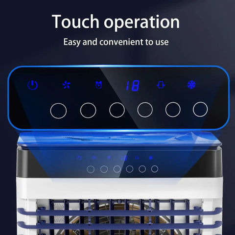 Portable Evaporative Air Cooler With Massive Water Tank And Eight Frozen Ice Packs Wide Angle Oscillating Swamp Cooler control panel with touch operation.