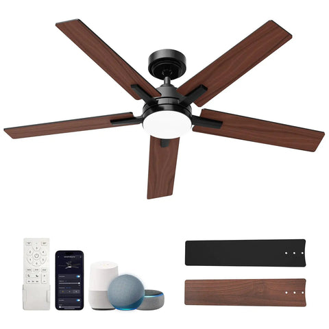 52 Inch Smart Ceiling Fan With Lights Black, Alexa And Google Home Ready, Remote Or App Control, wood blades display.