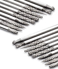 Close-up of 20-piece solid carbide burr set with 3mm shank and 3mm cutting heads.