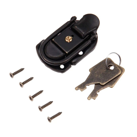 Old School Antique Bronze Key Hasp Lock For Vintage Wooden Boxes And Furniture, 58x34mm Box Lock With Toggle Latch, keys and screws shown