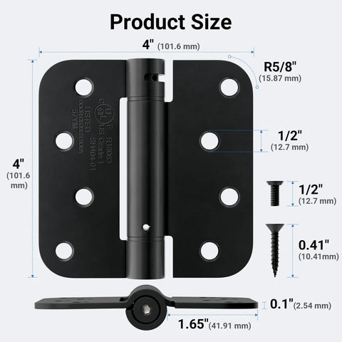3 Pack Self Closing Door Hinges 4 Inch Matte Black With Adjustable Tension Auto Close Spring Loaded Hardware dimensions and screw details.