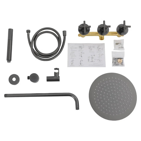 Shower System 10 Inch Wall Mounted Rainfall Head Combo with Handheld Spray components including rainfall head, hose, and installation parts.